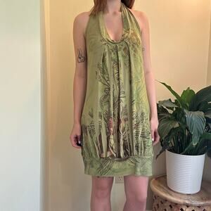 Y2k fave stretchy green halter bubble dress with floral print size large